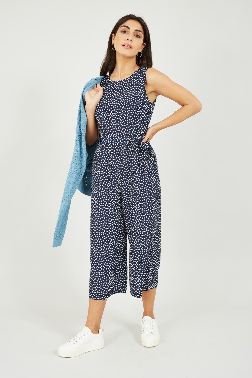 Mela Navy Ditsy Daisy Sleeveless Culotte Jumpsuit Mela