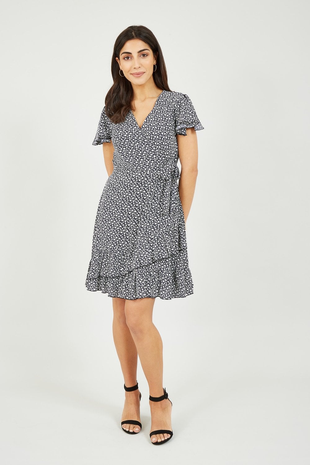 Mela Navy Ditsy Daisy Wrap Effect Frill Dress Mela