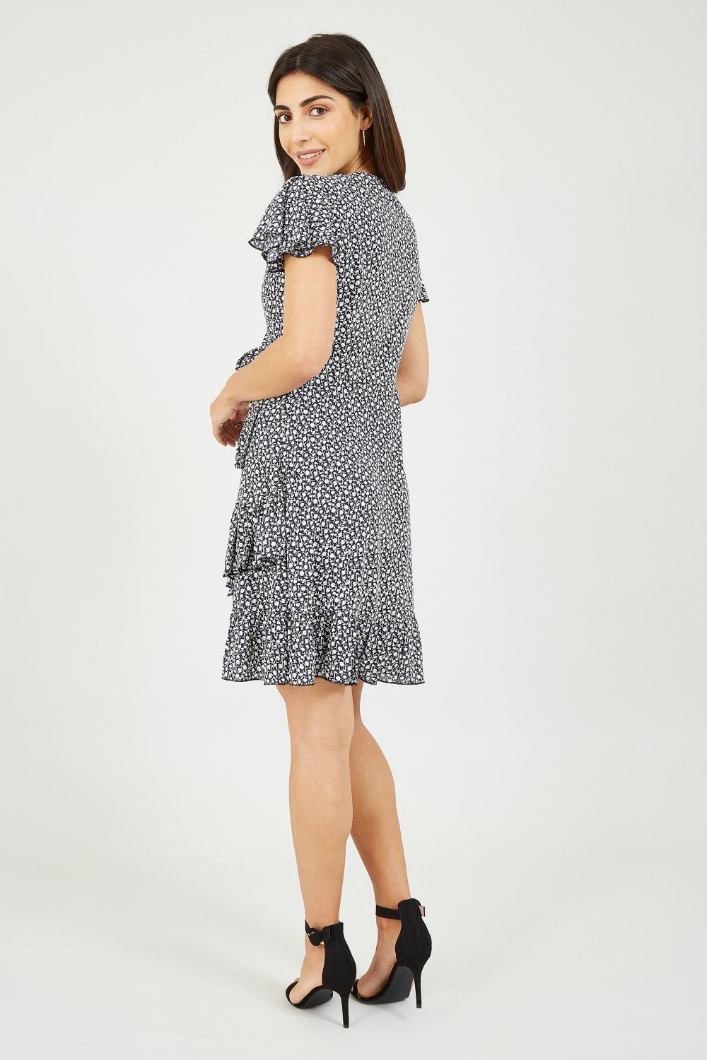 Mela Navy Ditsy Daisy Wrap Effect Frill Dress Mela