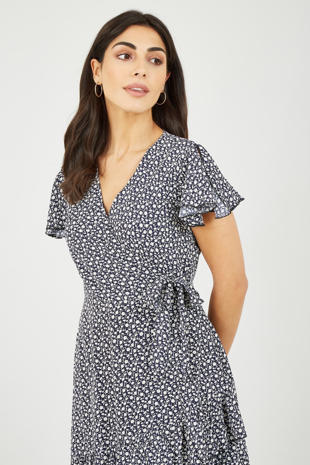 Mela Navy Ditsy Daisy Wrap Effect Frill Dress Mela