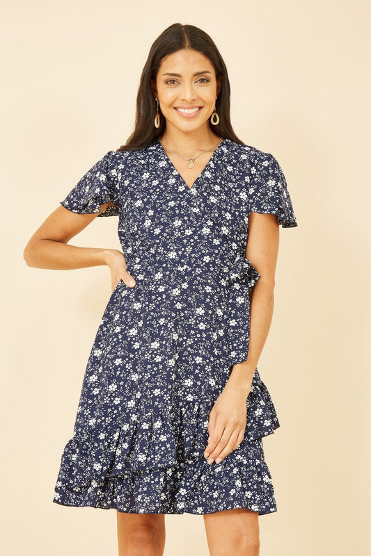 Mela Navy Ditsy Floral Wrap Frill Dress Yumi