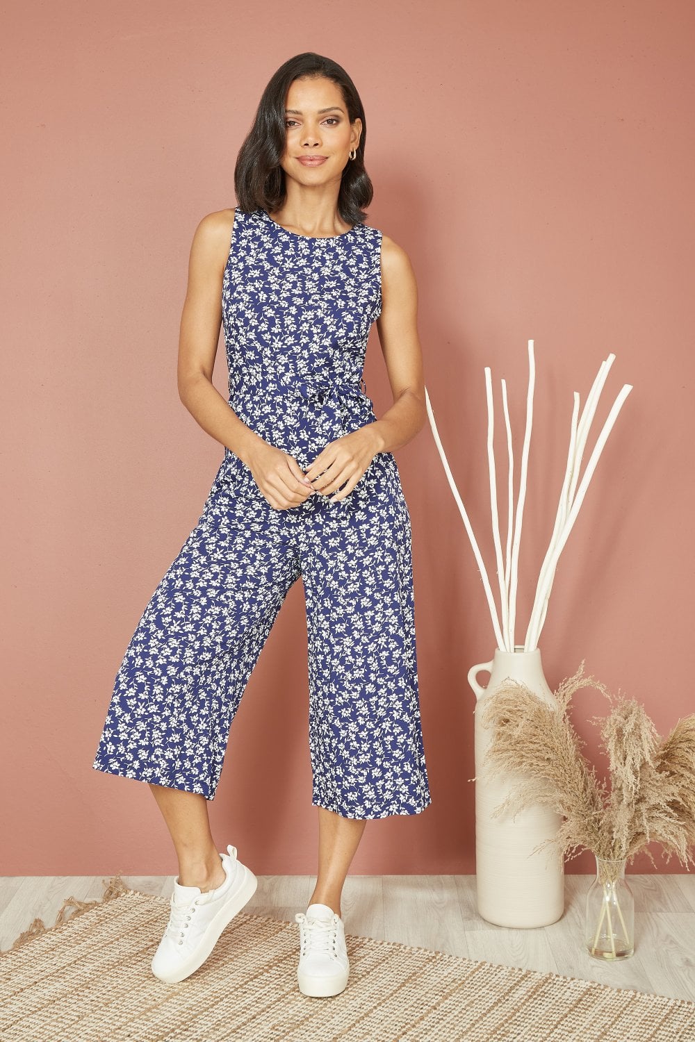 Mela Navy Ditsy Print Culotte Jumpsuit Mela