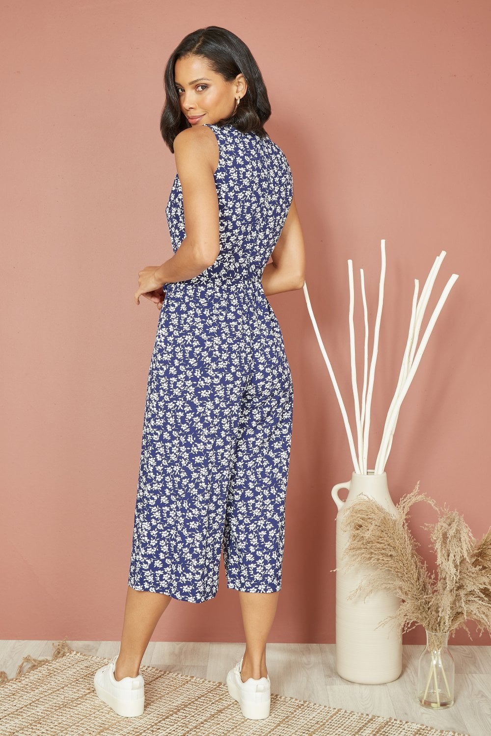 Mela Navy Ditsy Print Culotte Jumpsuit Mela