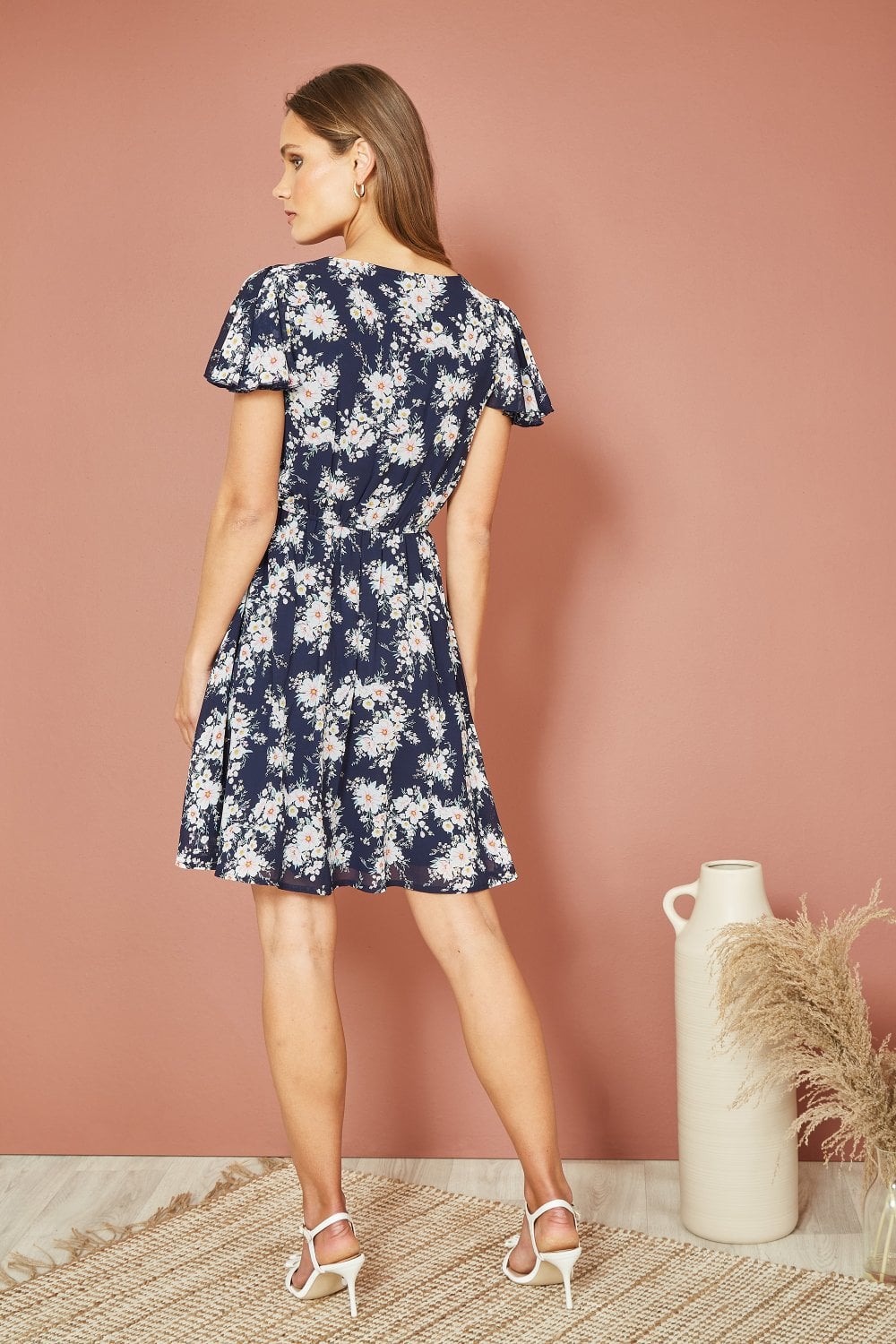 Mela Navy Floral Blossom Print Skater Dress Mela