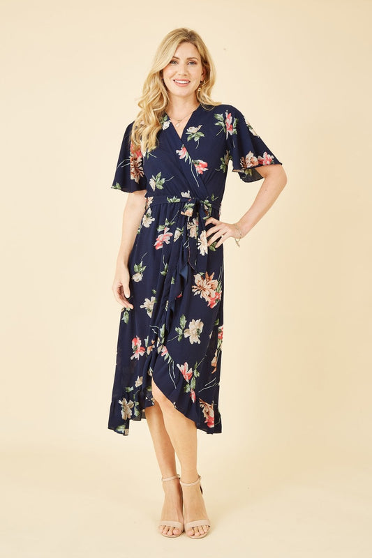 Mela Navy Floral Dip Hem Wrap Midi Dress Yumi