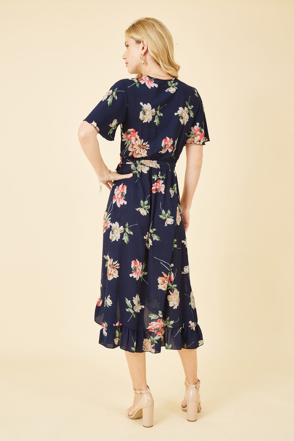 Mela Navy Floral Dip Hem Wrap Midi Dress Yumi