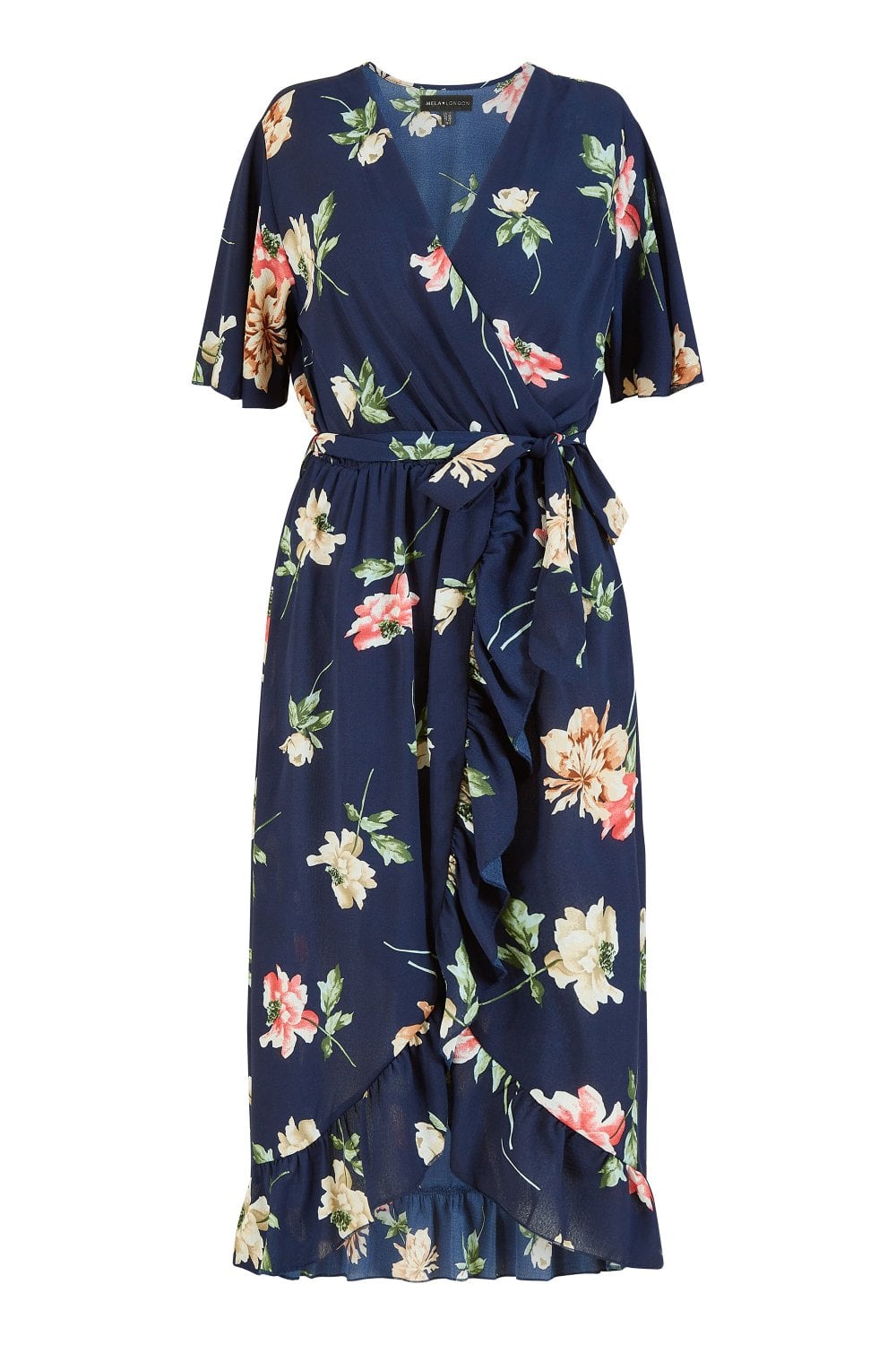 Mela Navy Floral Dip Hem Wrap Midi Dress Yumi