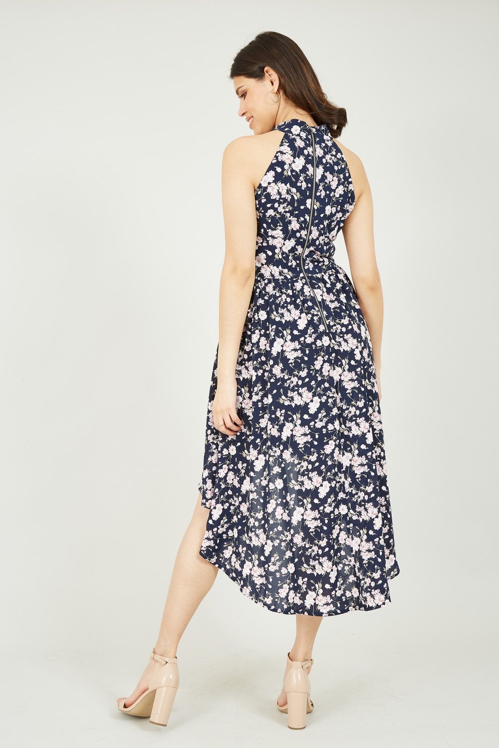 Mela Navy Floral Halter Neck High Low Dress Mela