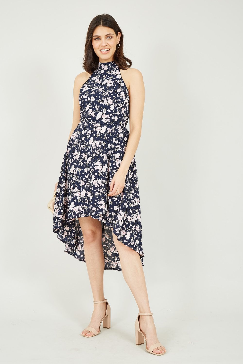 Mela Navy Floral Halter Neck High Low Dress Mela