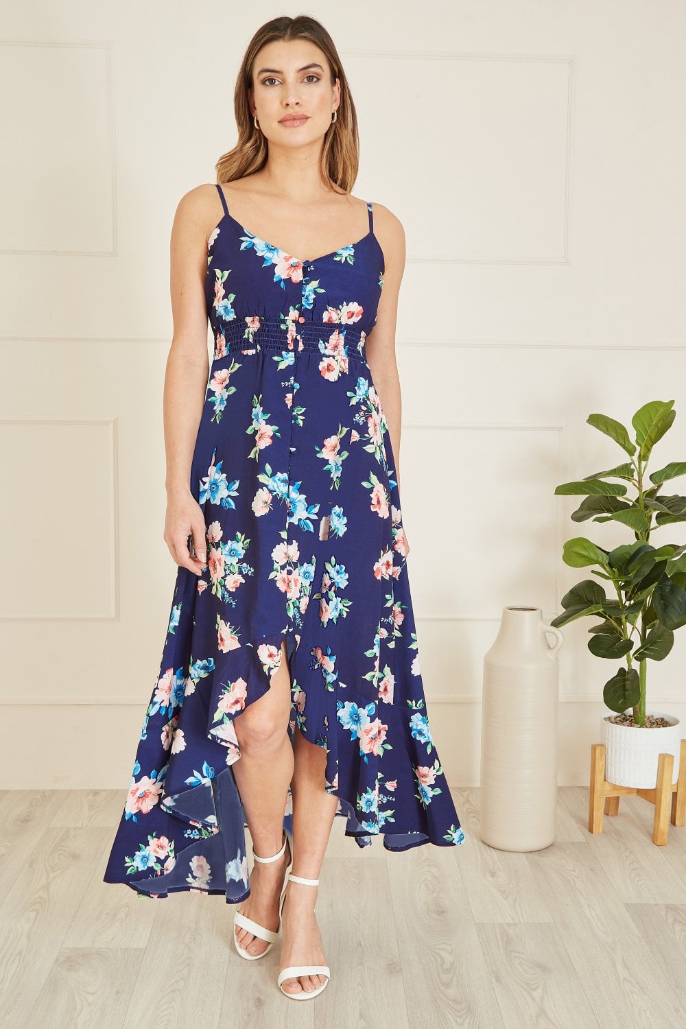 Mela Navy Floral High Low Frill Midi Dress Mela