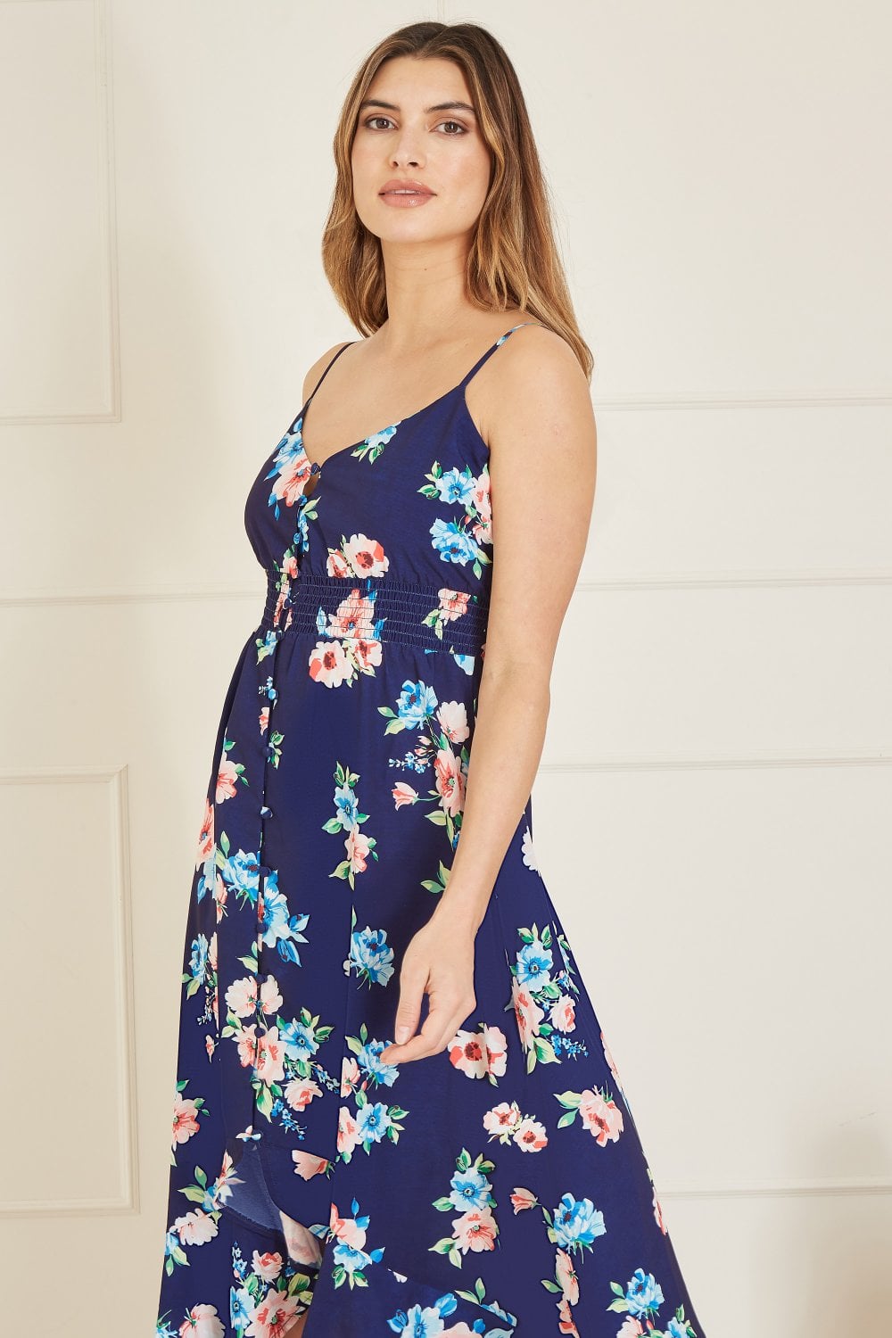 Mela Navy Floral High Low Frill Midi Dress Mela