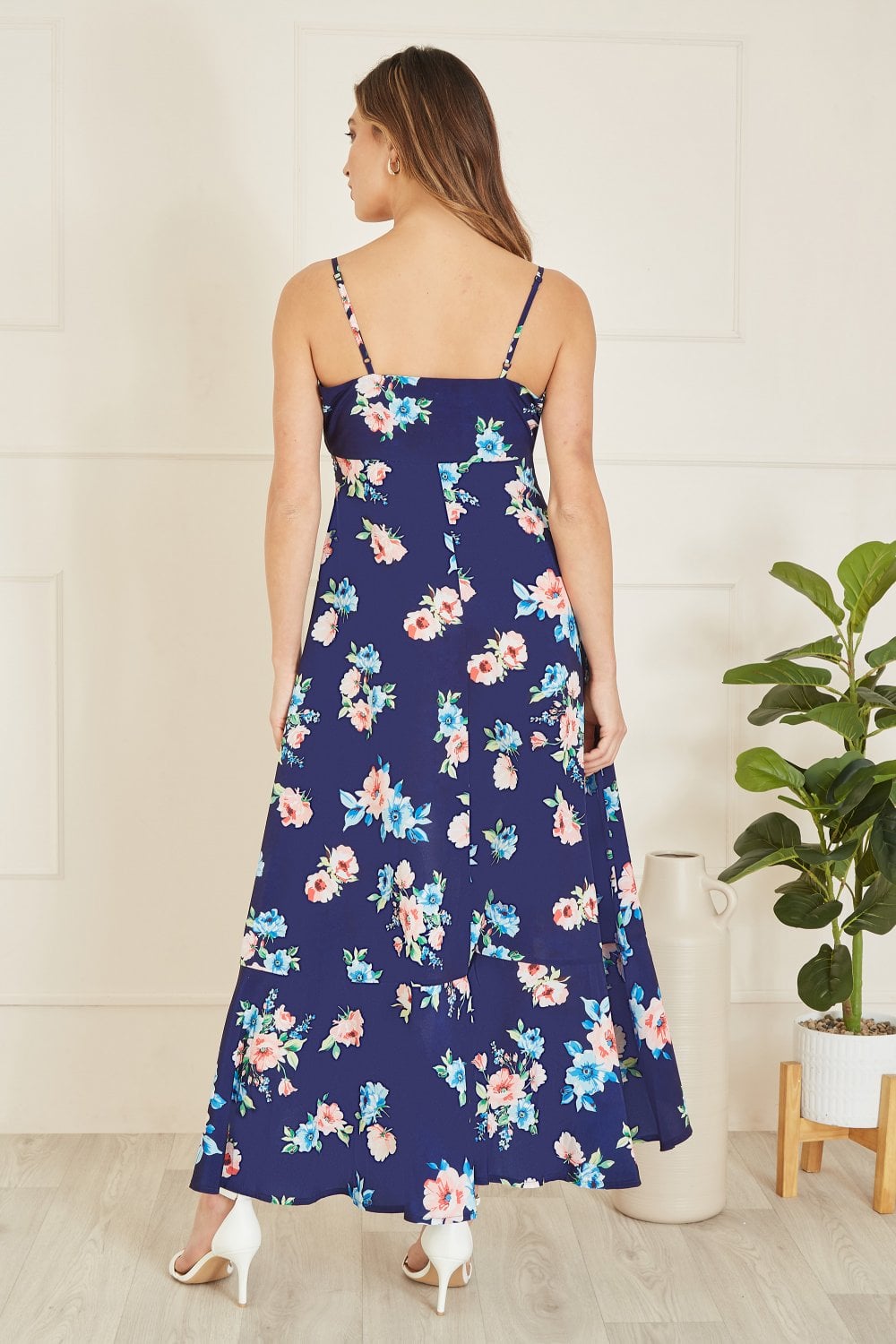 Mela Navy Floral High Low Frill Midi Dress Mela