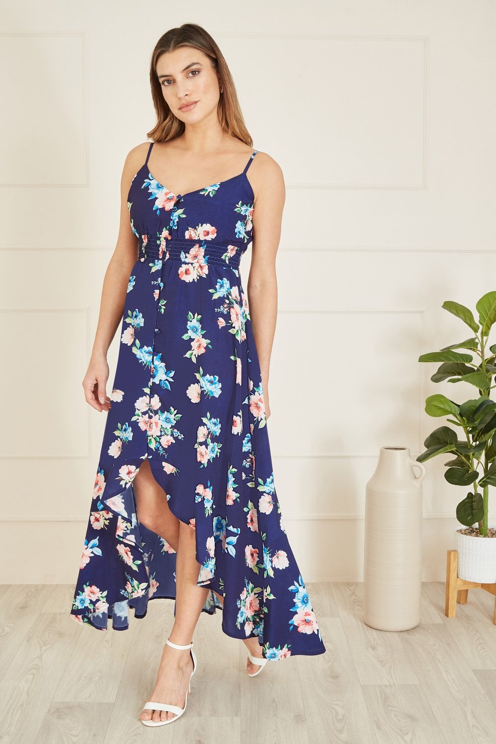 Mela Navy Floral High Low Frill Midi Dress Mela