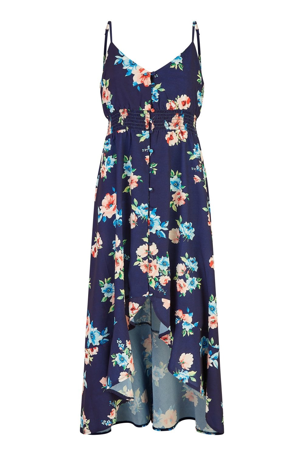 Mela Navy Floral High Low Frill Midi Dress Mela