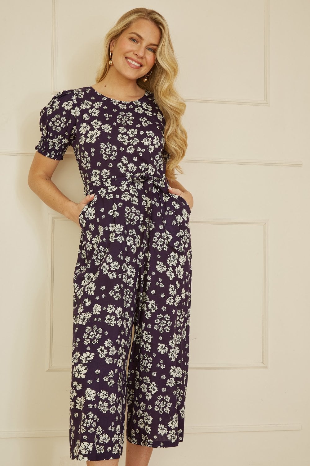 Mela Navy Floral Jumpsuit With Ruched Sleeves Yumi