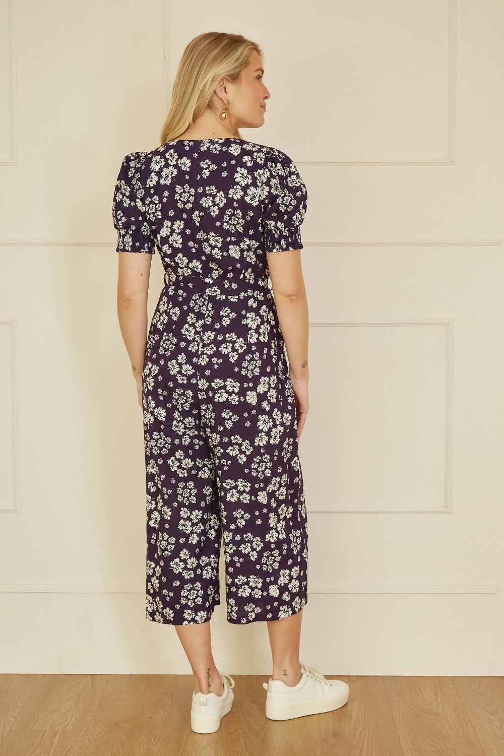 Mela Navy Floral Jumpsuit With Ruched Sleeves Yumi