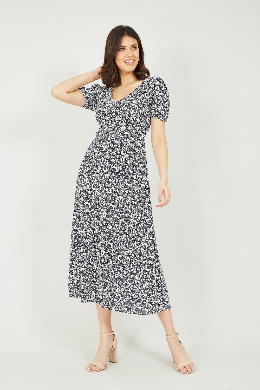 Mela Navy Floral Midi Dress With Split Detail Mela