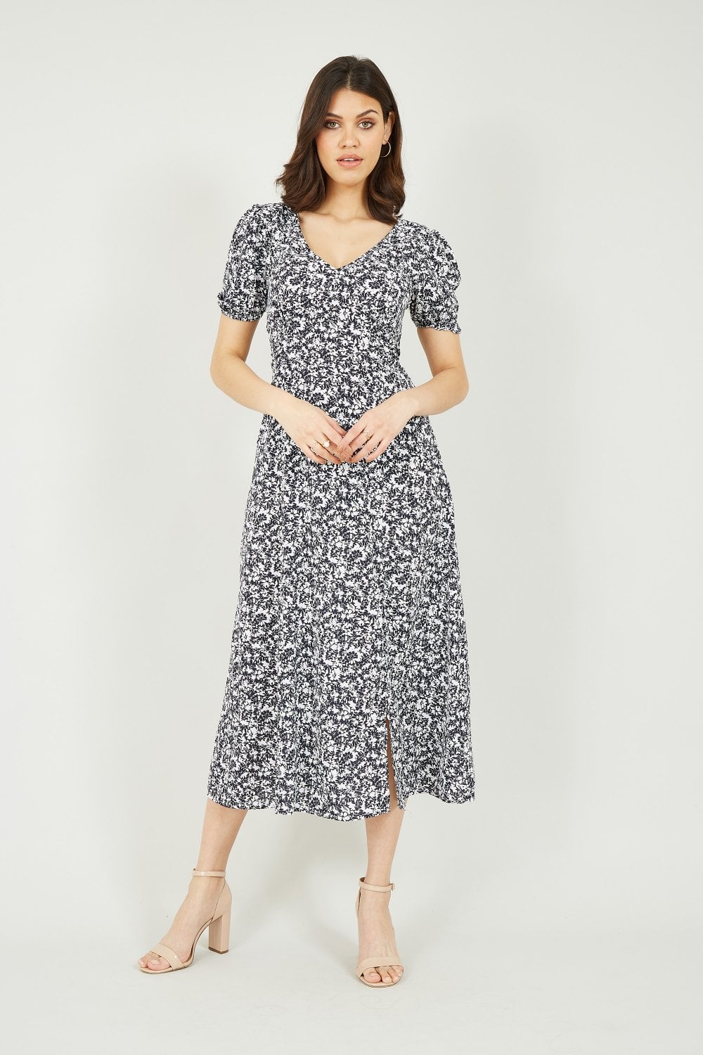 Mela Navy Floral Midi Dress With Split Detail Mela