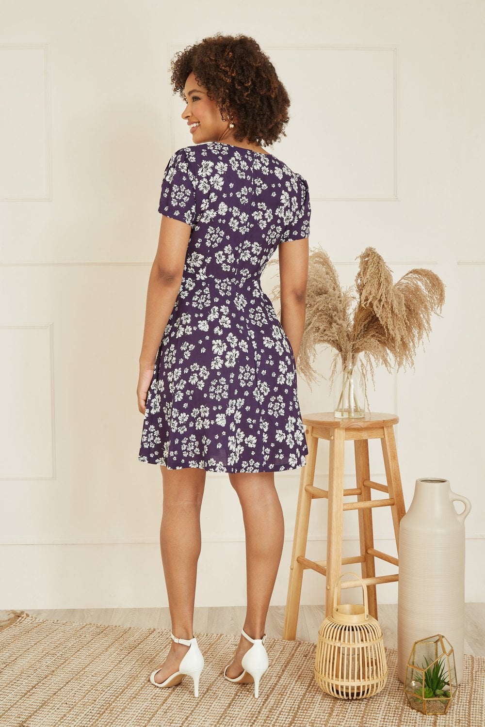 Mela Navy Floral Mini Skater Dress With Tie Front Mela