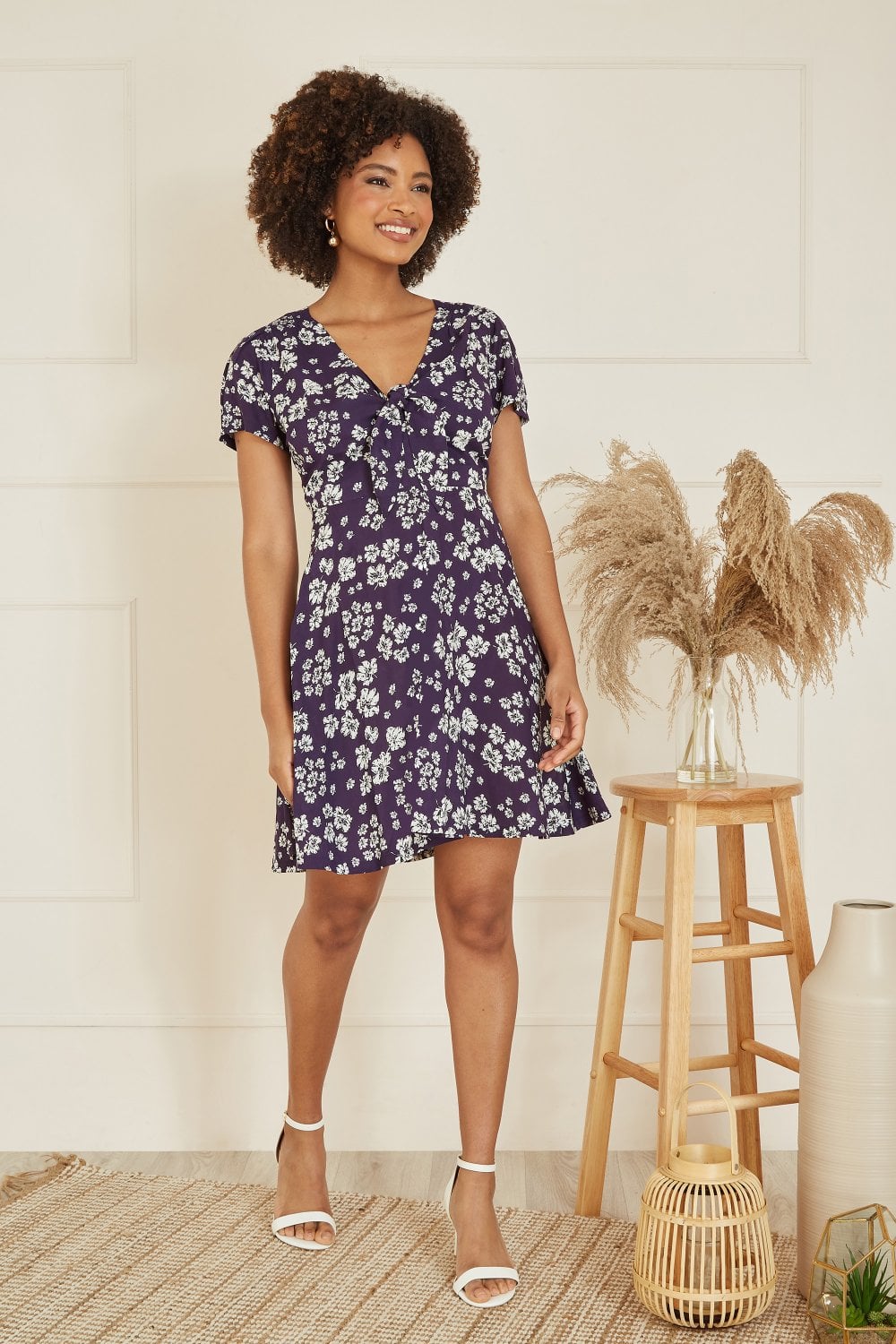 Mela Navy Floral Mini Skater Dress With Tie Front Mela