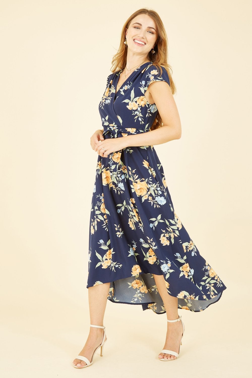 Mela Navy Floral Print Dipped Hem Wrap Dress Yumi