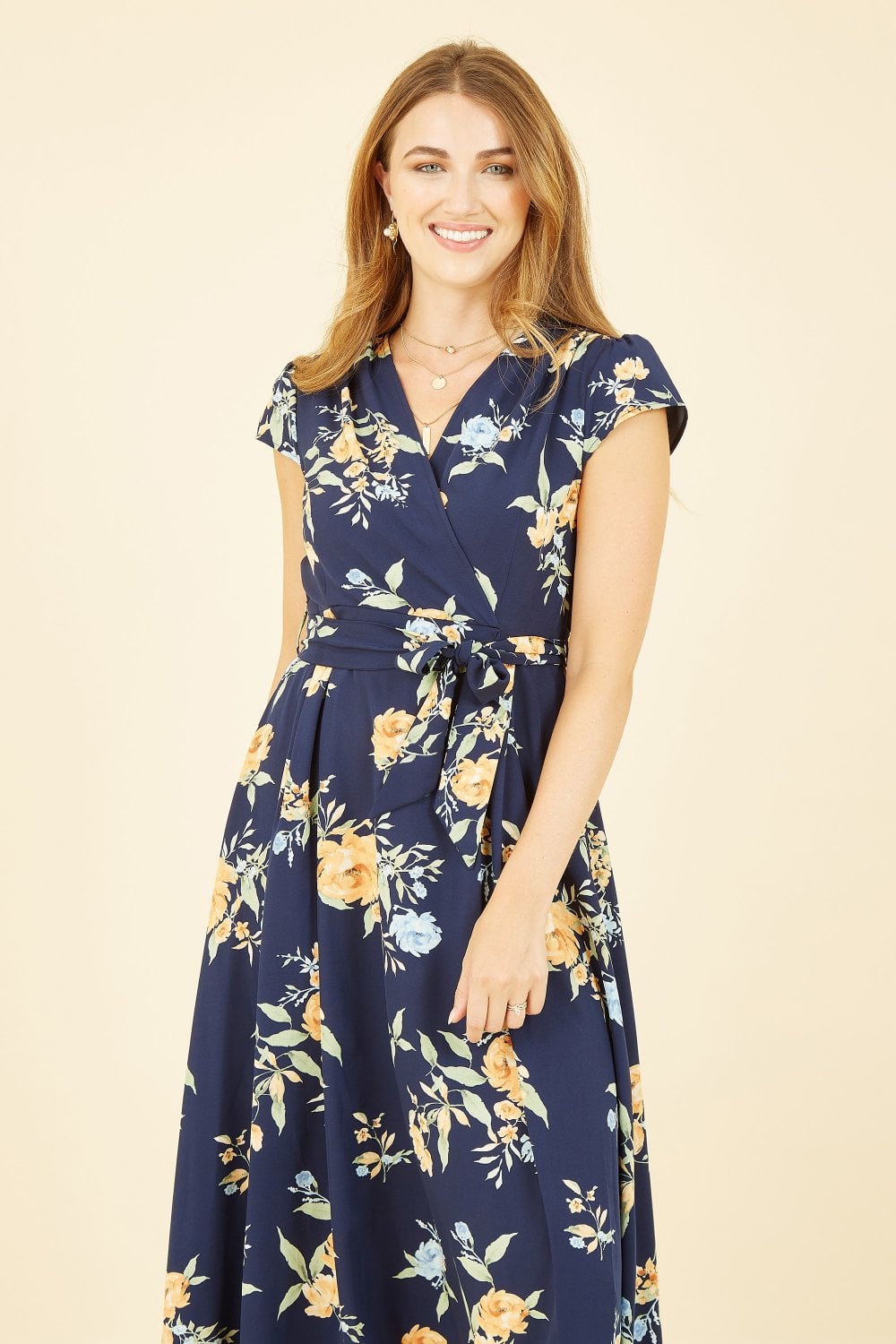 Mela Navy Floral Print Dipped Hem Wrap Dress Yumi