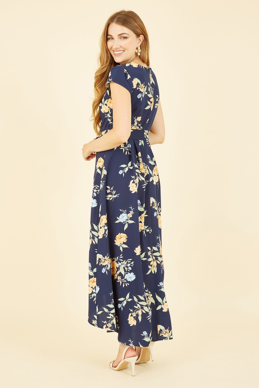 Mela Navy Floral Print Dipped Hem Wrap Dress Yumi