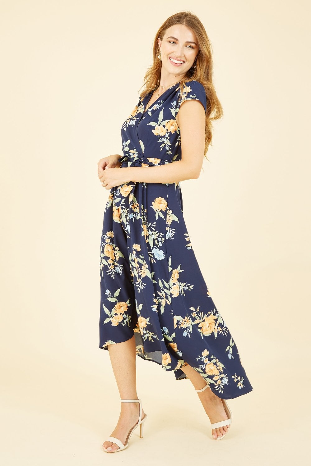 Mela Navy Floral Print Dipped Hem Wrap Dress Yumi