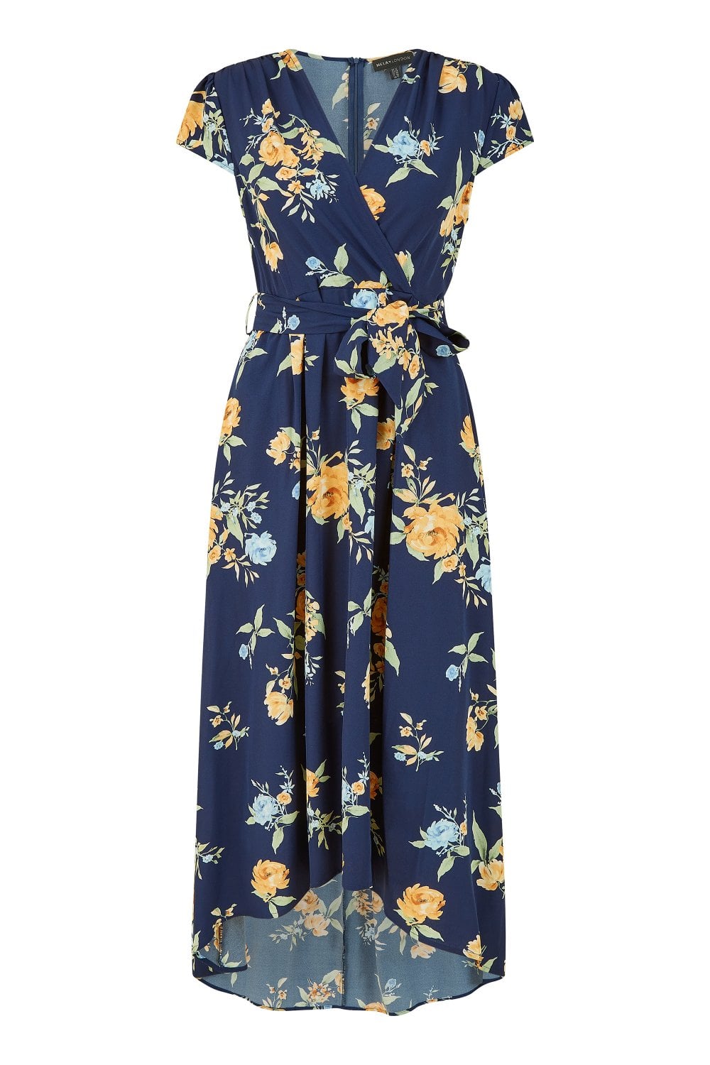 Mela Navy Floral Print Dipped Hem Wrap Dress Yumi