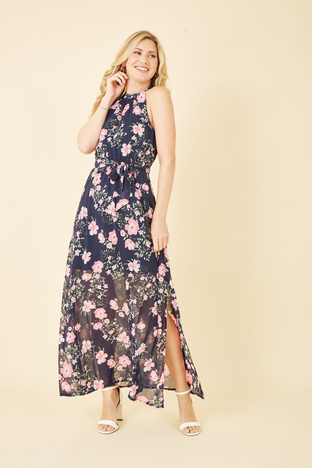 Mela Navy Floral Print Halter Neck Maxi Dress Yumi