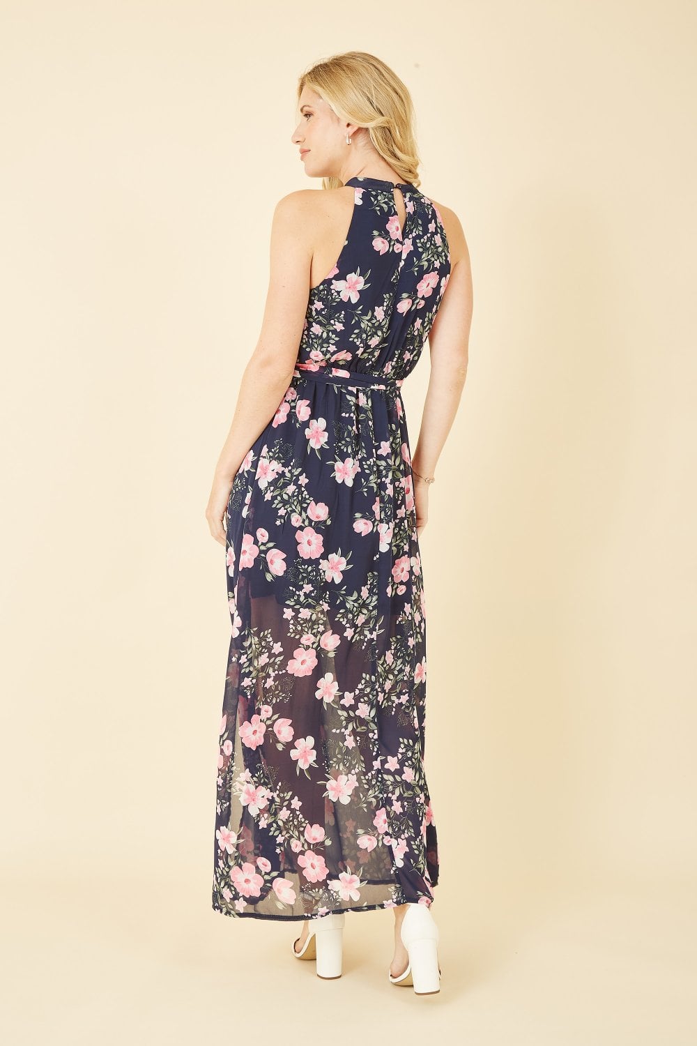 Mela Navy Floral Print Halter Neck Maxi Dress Yumi