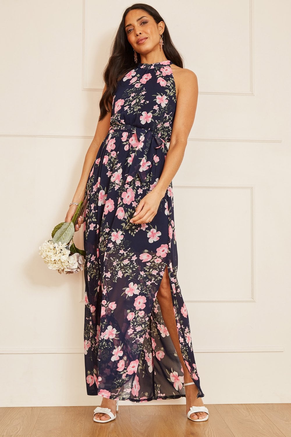 Mela Navy Floral Print Halter Neck Maxi Dress Yumi