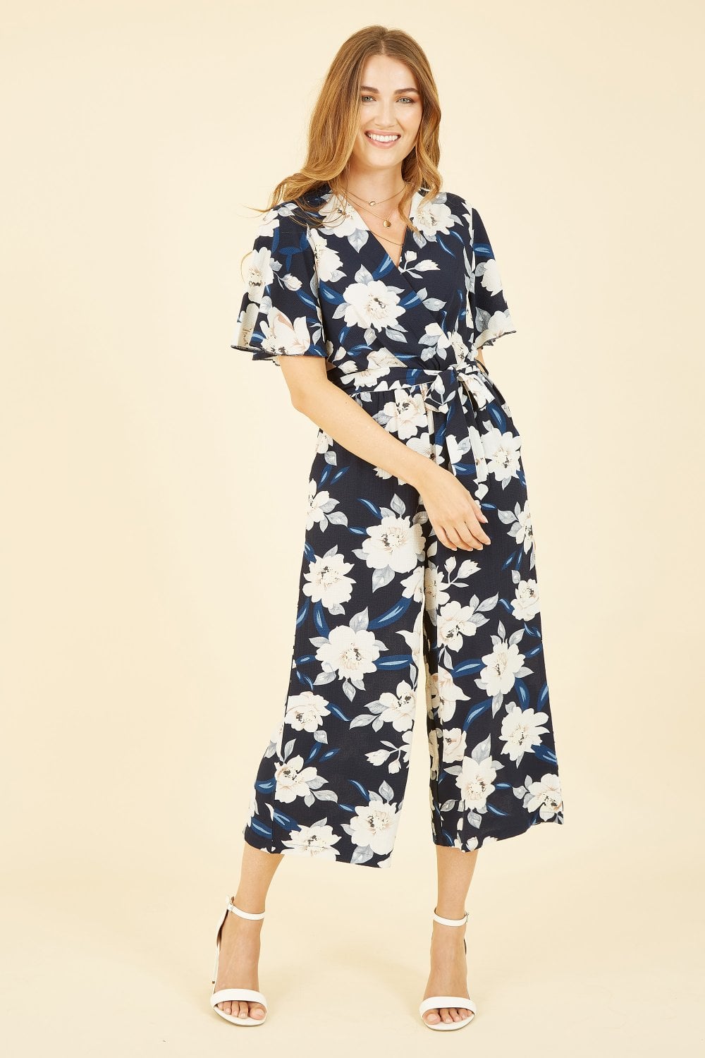 Mela Navy Floral Print Jumpsuit With Angel Sleeves Mela