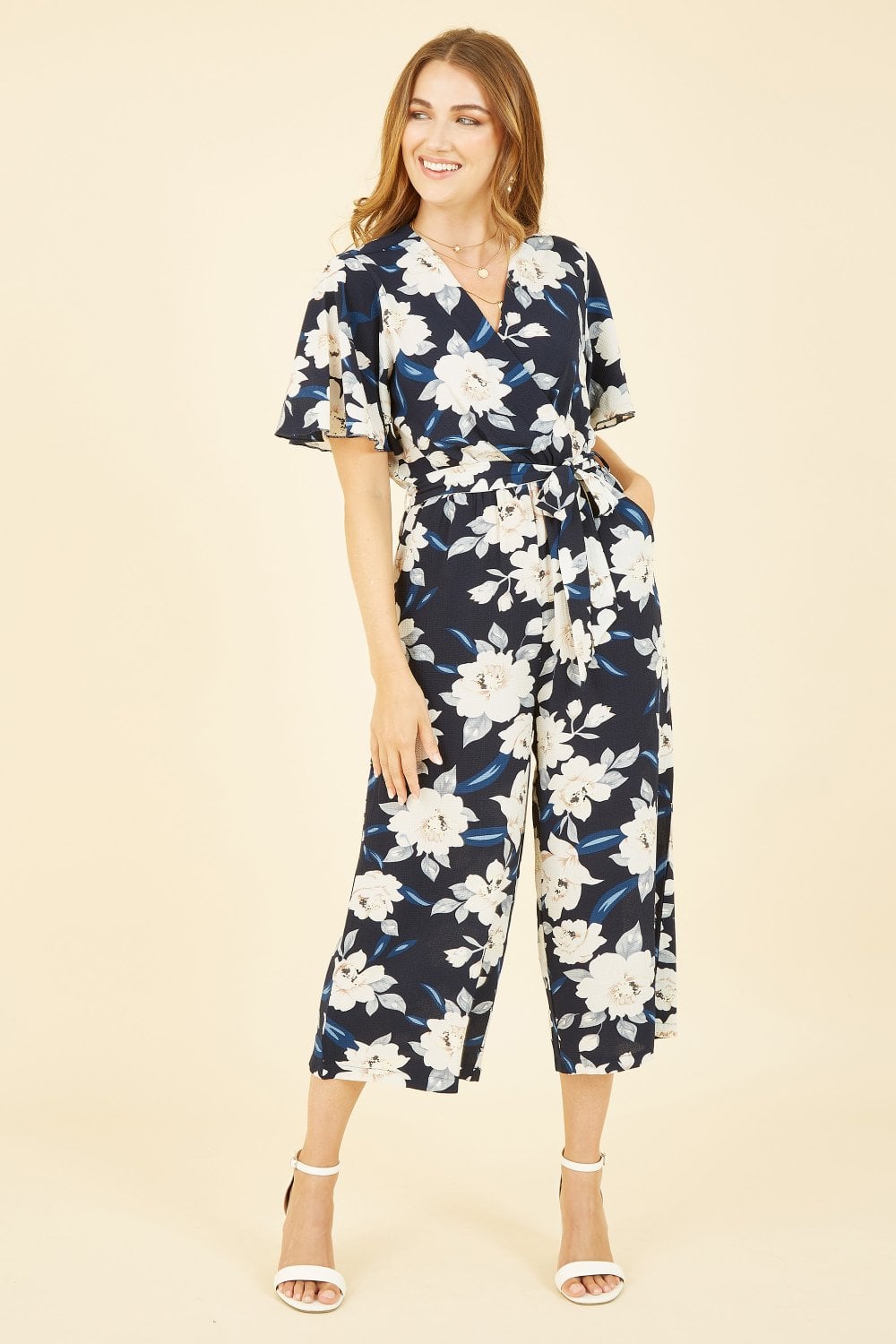 Mela Navy Floral Print Jumpsuit With Angel Sleeves Mela