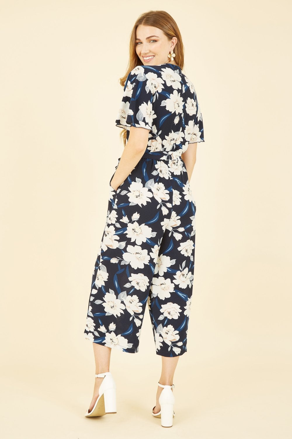 Mela Navy Floral Print Jumpsuit With Angel Sleeves Mela