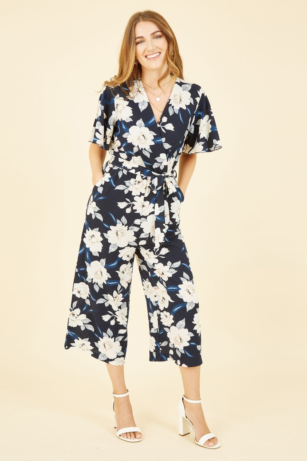 Mela Navy Floral Print Jumpsuit With Angel Sleeves Mela