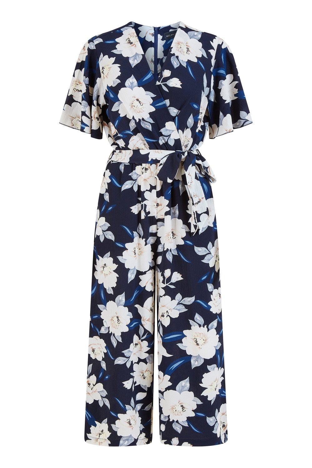 Mela Navy Floral Print Jumpsuit With Angel Sleeves Mela