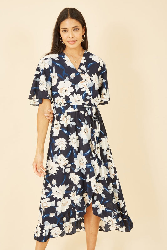 Mela Navy Floral Print Midi Wrap Dress Mela