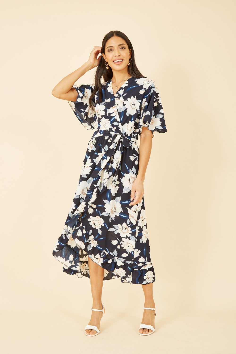 Mela Navy Floral Print Midi Wrap Dress Mela