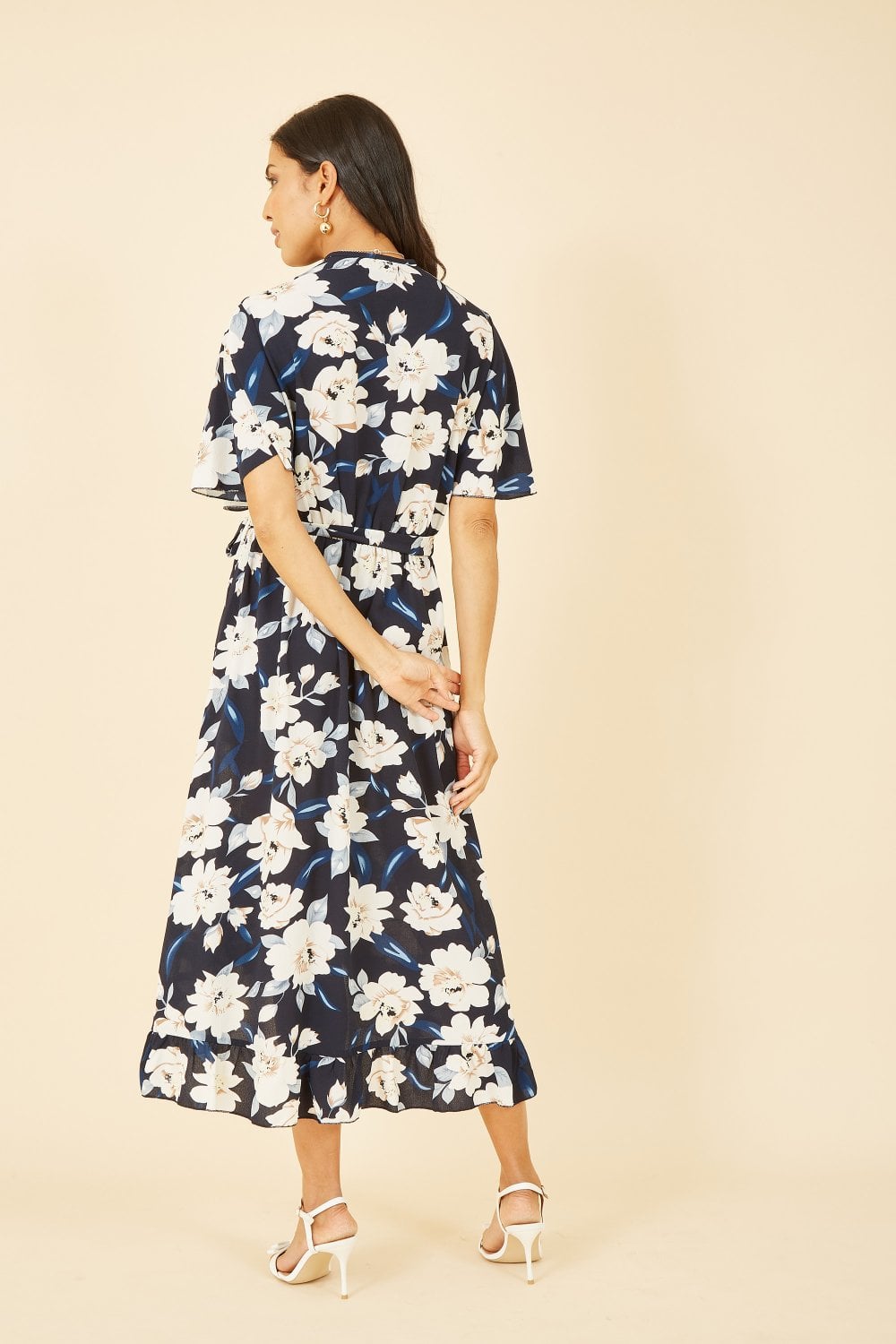 Mela Navy Floral Print Midi Wrap Dress Mela