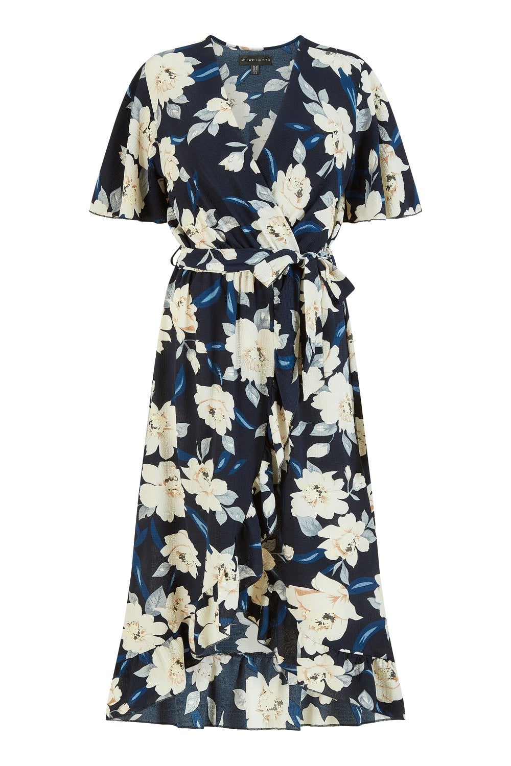 Mela Navy Floral Print Midi Wrap Dress Mela