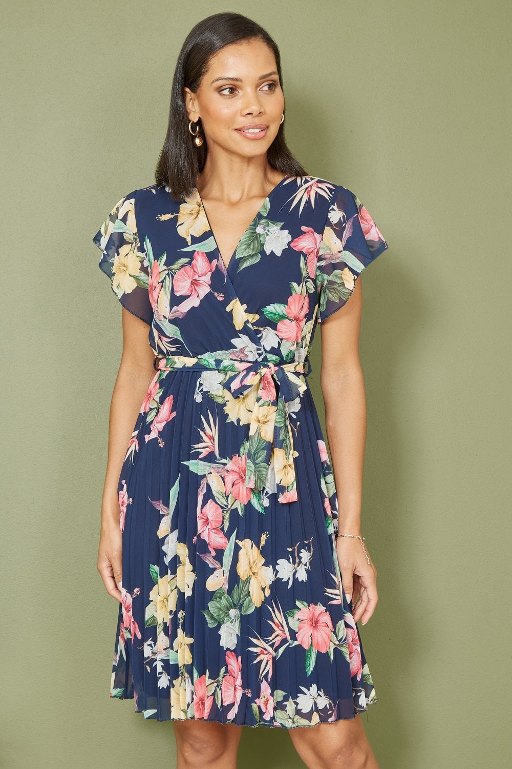 Mela Navy Floral Print Pleated Wrap Skater Dress Yumi