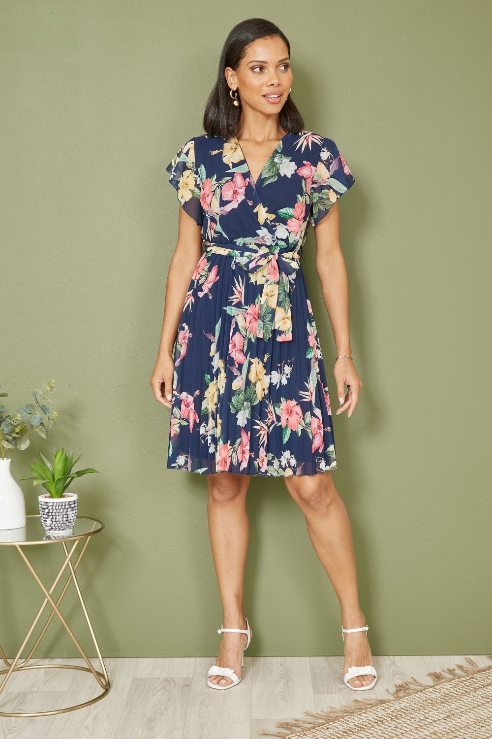 Mela Navy Floral Print Pleated Wrap Skater Dress Yumi