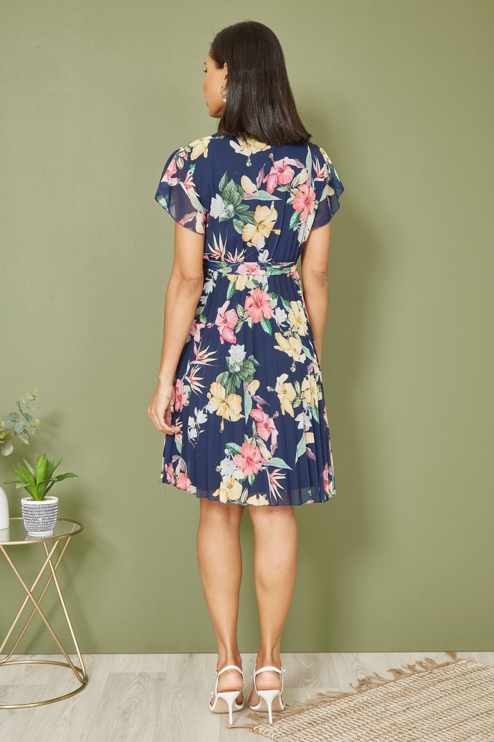 Mela Navy Floral Print Pleated Wrap Skater Dress Yumi