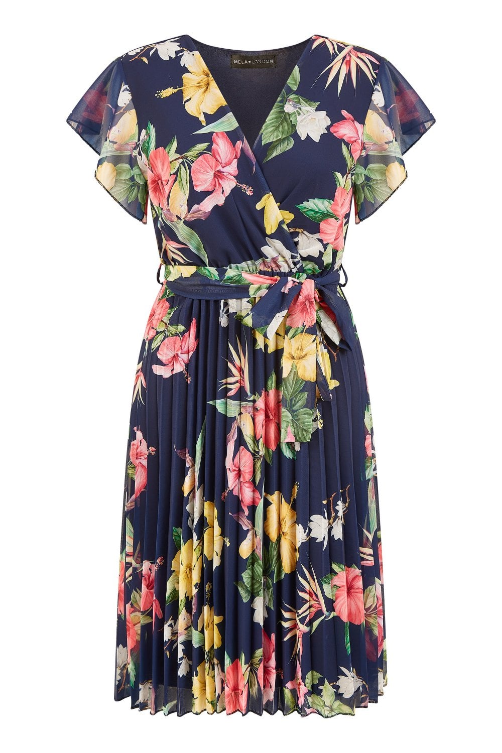 Mela Navy Floral Print Pleated Wrap Skater Dress Yumi