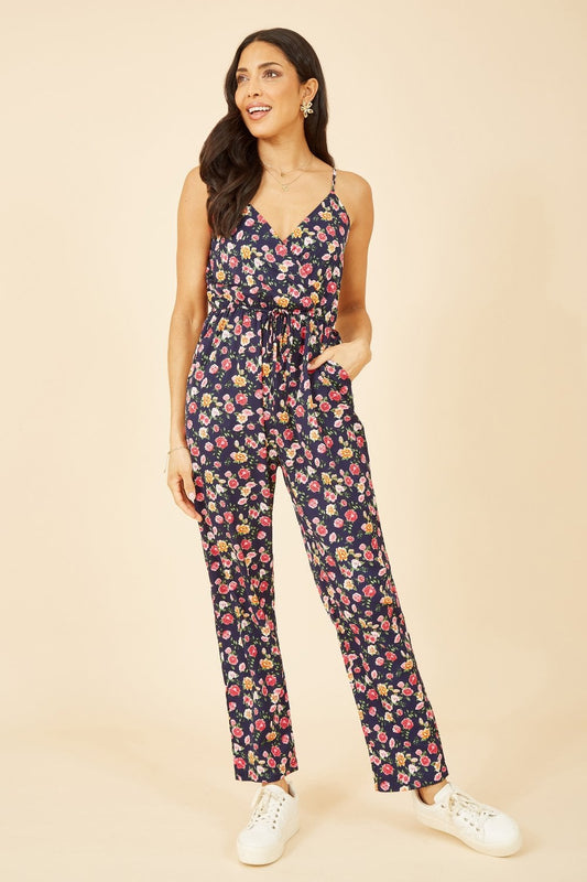 Mela Navy Floral Print Wrap Over Strappy Jumpsuit Mela