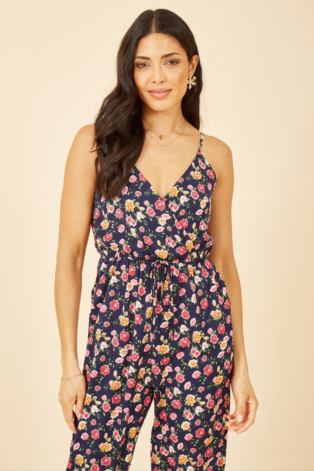 Mela Navy Floral Print Wrap Over Strappy Jumpsuit Mela