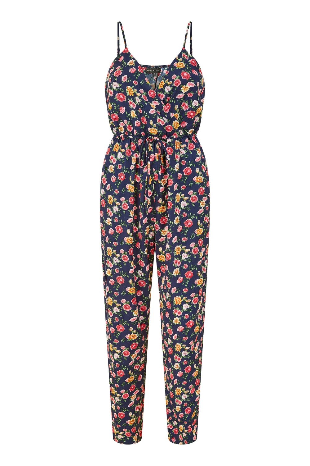 Mela Navy Floral Print Wrap Over Strappy Jumpsuit Mela