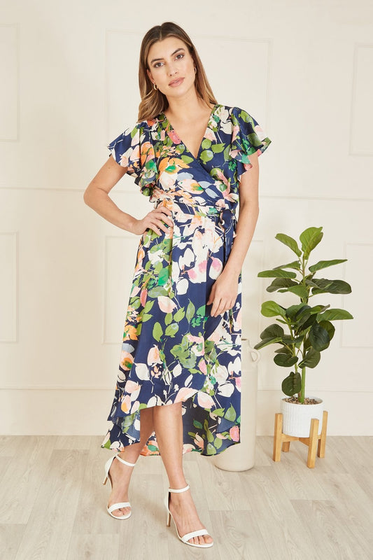 Mela Navy Floral Satin Wrap Over Midi Dress With Frill Sleeve Mela