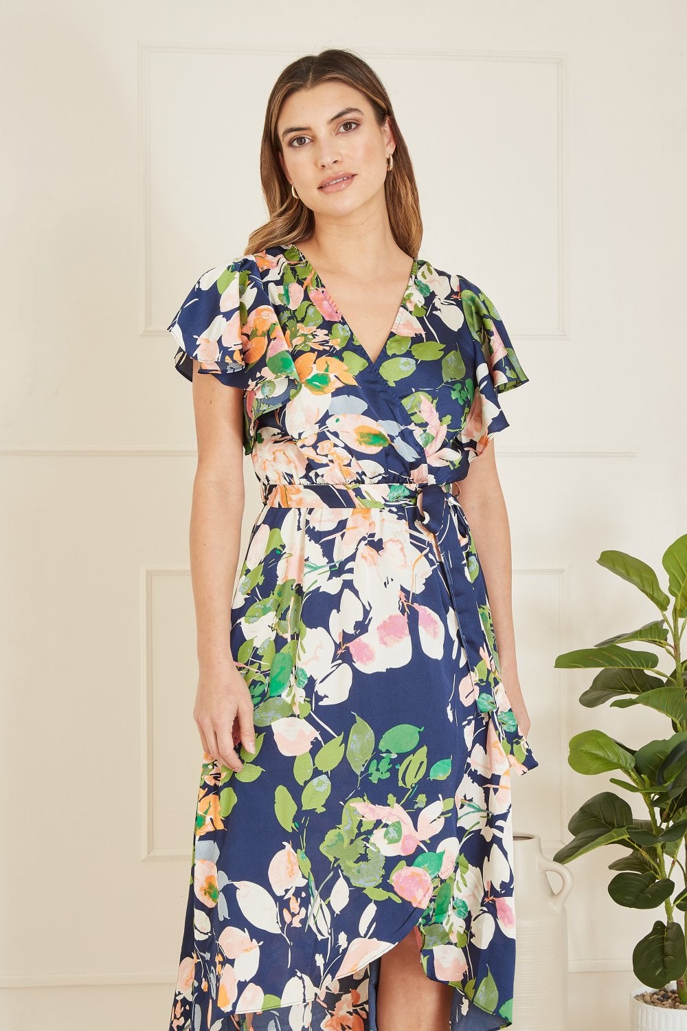 Mela Navy Floral Satin Wrap Over Midi Dress With Frill Sleeve Mela